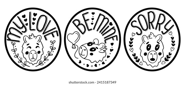 Set of black contour stickers with capybara head and lettering. St Valentines day concept. Cute flat animal character with floral frames. Isolated black stickers on white background