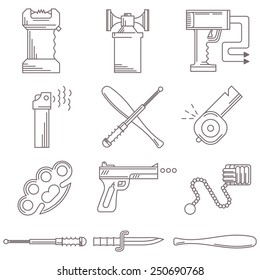 Set of black contour vector icons for self defense weapons and accessory on white background.