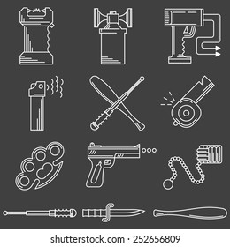 Set of black contour vector icons for self defence weapons and devices on white background.