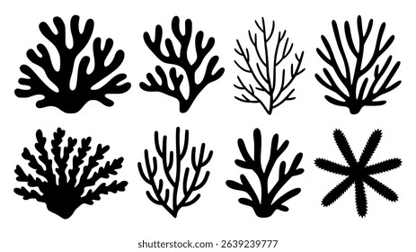 Set of black coral reef silhouettes on white background