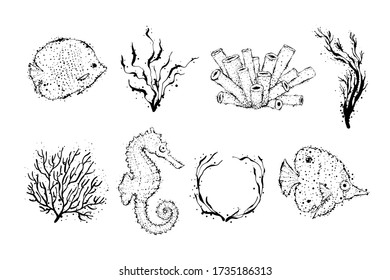 Set of black coral, seaweed, anchor, seahorse, and fishes. Hand drawn underwater creatures with dots. Stylization design elements for cards, logos, prints.