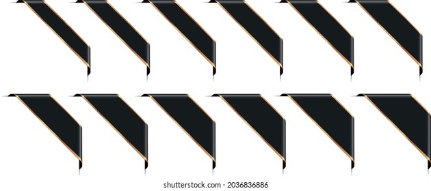 set of black corner ribbon banners with gold frames on white background