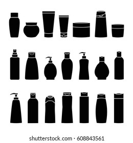 Set of black cosmetic cans and bottles icons