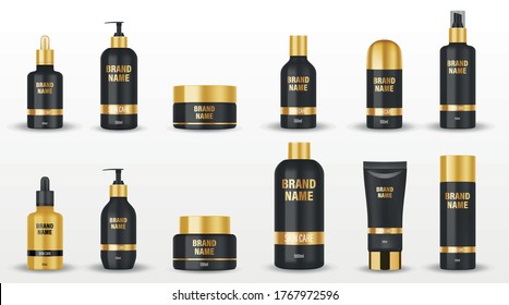 Set of black cosmetic packages with golden cup isolated. Mockup cosmetic containers and jars for cream, shampoo, spray, oil, gel, lotion bottle. Vector