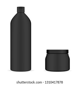 Set Of Black Cosmetic Packaging. Bottle For Shampoo And Cream Jar. Moderm Beauty Isolated 3d Container. Hair Wash Or Protection Gel Pack. Body Cosmetics.