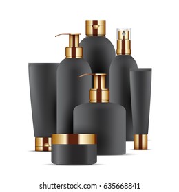 Set of black cosmetic packaging with golden caps, isolated on white background. 