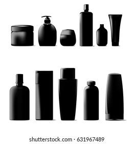 Set Of Black Cosmetic Products Package. Collection Of Cream, Soup, Foams, Shampoo. EPS10 Vector