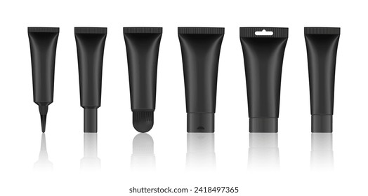 Set mit schwarzen Kosmetikröhren. Geschlossene leere Röhrchen mit Deckel. Realistischer Mock-Up. Schlauch mit langer Düse. Salbe oder Salbe. Gel Serum. koreanische Verpackung. Lippenglanz