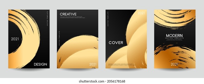 Set of black cover design template with gold brush strokes  for presentation, infographics and event promotion. Eps 10 Vector