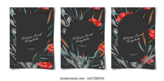 Set of black cover template layout with poppy flower and foliage watercolor design