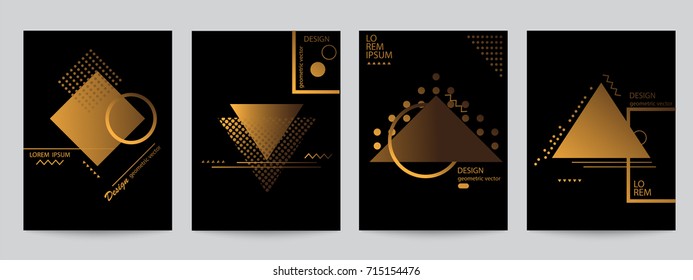 Set of black covers with minimal design and gold geometric forms. Abstract geometric vector objects. Modern Decoration shapes and figures for web, print, patterns,branding