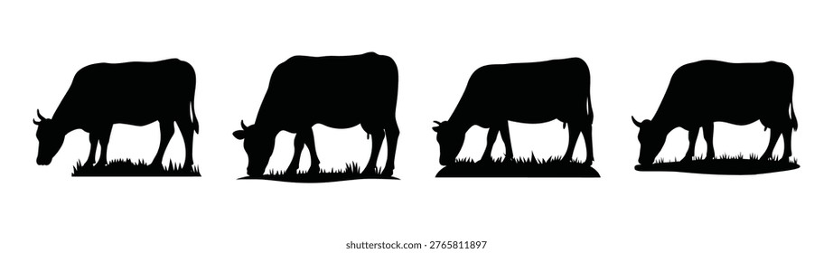 Set of black cow silhouettes grazing in grass