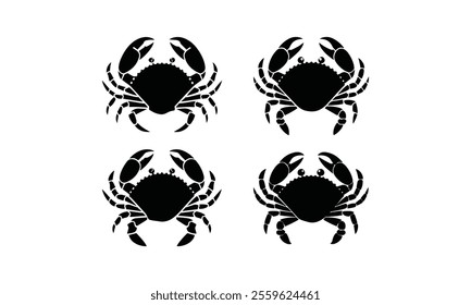 Set of Black Crab Silhouette Vector Designs,  coastal art, seafood logos, nature graphics, aquatic symbols, digital artwork, ocean projects, easily editable.