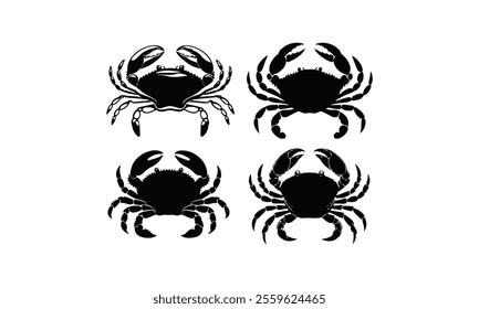 Set of Black Crab Silhouette Vector Designs,  coastal art, seafood logos, nature graphics, aquatic symbols, digital artwork, ocean projects, easily editable.