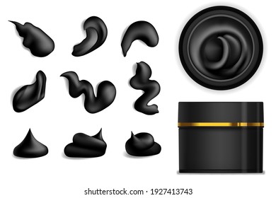 Set of black cream or lotion drops with jar mockup. Vector paint stain or creme illustration for design. Charcoal face mask. Top and side view