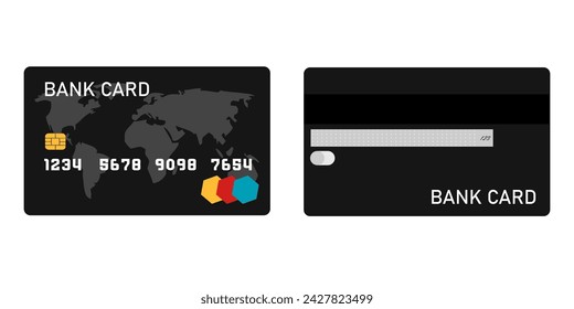 Set of Black Credit Cards vector mockups on white background. Flat design template with black credit card . Mockup on white backdrop. Flat isometric vector illustration. Isolated vector illustration.