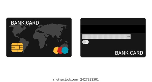 Set of Black Credit Cards vector mockups on white background. Flat design template with black credit card . Mockup on white backdrop. Flat isometric vector illustration. Isolated vector illustration.