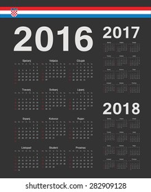 Set of black Croatian 2016, 2017, 2018 year vector calendars. Week starts from Sunday.