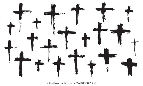 Set of black crosses drawn with dry brush, collection of grunge style crosses drawn with ink, cemetery for the celebration of Halloween, postcard with crosses or tombstones, silhouette Halloween grave