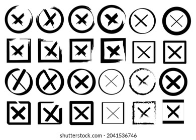 Set of black crosses on white background for web design. Line stroke. Checkbox icon. Vector illustration. Stock image.