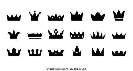 Set of black crown icons. Collection of simple crown silhouette. Vector illustration