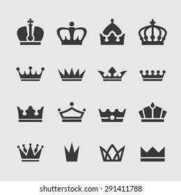 Set of black crown icons isolated on light gray background