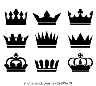 Conjunto de emblemas de joyería de rey y reina de corona negra, ilustración de silueta 