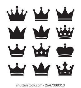 Set of black crown silhouettes in various royal styles