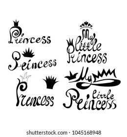 set of black crowns and inscriptions with curls Princess and My little princess