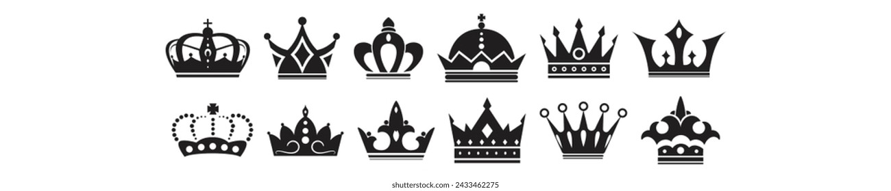 a set of black crowns on a white background, crowns, small crown, large crown, many crowns!! upon his head, crown with pins