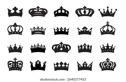 Set black crowns. Royal insignia collection. Royal crowns. Set of icons and elements for logo design.