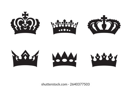Set black crowns. Royal insignia collection. Royal crowns. Set of icons and elements for logo design.
