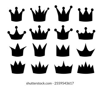 Set of black crowns. Simple icons with crowns of kings, princes, monarchs and queens. Flat vector illustration collection isolated on background.