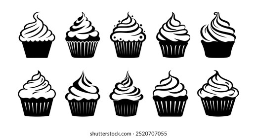 Conjunto de bolinhos pretos, logo muffin. Ilustrações vetoriais isoladas sobre fundo branco. Pode ser usado como ícone, sinal ou símbolo - silhueta de cupcake, doces pastéis, muffin. Logotipo da confeitaria.