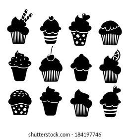 Set of black cupcakes and muffins icons, vector illustrations isolated on white background