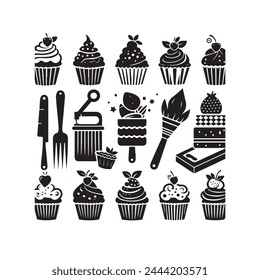 Set of black cupcakes ,Vector illustrations isolated on white background