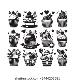 Set of black cupcakes ,Vector illustrations isolated on white background