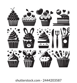 Set of black cupcakes ,Vector illustrations isolated on white background