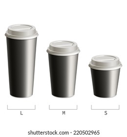 Set black cups of coffee in three sizes.  Isolated on white background.