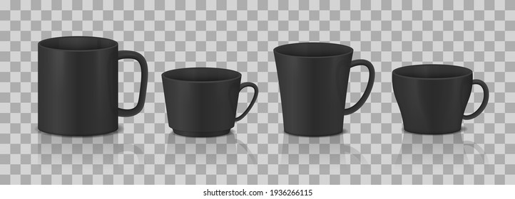 Set of black cups. Realistic coffee mugs.