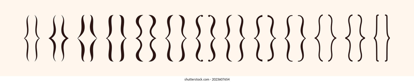 Set of black curly brackets. Curl braces of different shapes and line thickness. Parenthesis signs collection. Graphic elements for typography. Maths or punctuation frame symbols. Vector illustrations