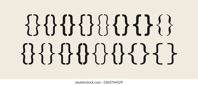 Satz von schwarzen, lockigen Klammern verwandten Symbolen, geschmeidigen Klammern verschiedener Formen, Mathematik oder Satzzeichen, Paranthos-Schilder-Konzept auf dem Hintergrund flache Vektorgrafik.