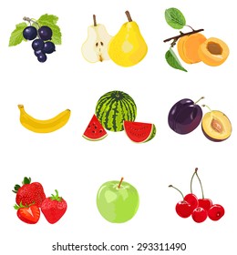 Set with black currant, pear, apricot, banana, watermelon, plum, strawberry, Apple, cherry