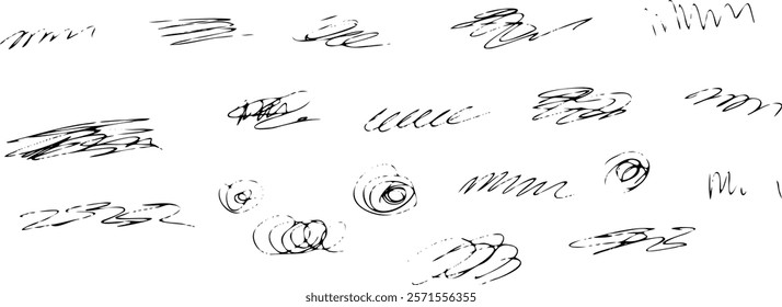 Set black curve hand drawn wavy lines Grunge scrawls scribbles charcoal pen strokes underlines Bold freehand shapes Underline crosses Vector illustration Ink brush Manifestation of the subconscious