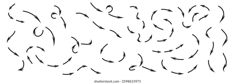 Set of Black curved arrows collection. Arrow sign, Curved arrows, Wind movement arrow symbol. Vector Illustration.