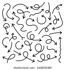 Satz von schwarz gekrümmten Pfeilen im Doodle-Stil. Vektorillustration-Kollektion von gezogenen Pfeilen einzeln auf weißem Hintergrund.
