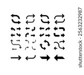 Set of black Curved Arrows icons, Modern directional black arrows set design, simple lines hand drawn black arrows in various style, wavy curved Long arrow icon, Vector illustration.