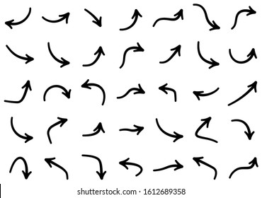 Set of black curved arrows isolated on white background. Vector line signs.