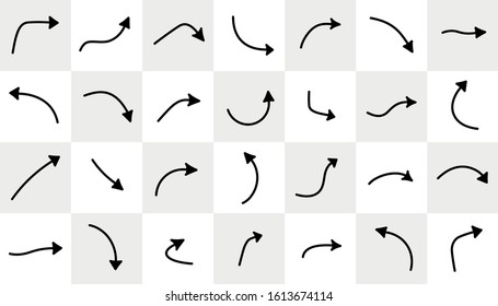 Set of black curved arrows isolated on light background. Vector signs.