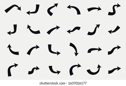 Set of black  curved arrows isolated on light background. Vector signs.
